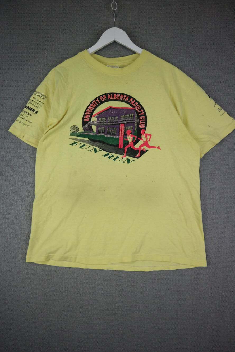 Vintage 1992 University Of Alberta Faculty Club Fun Run Yellow Graphic T-Shirt L